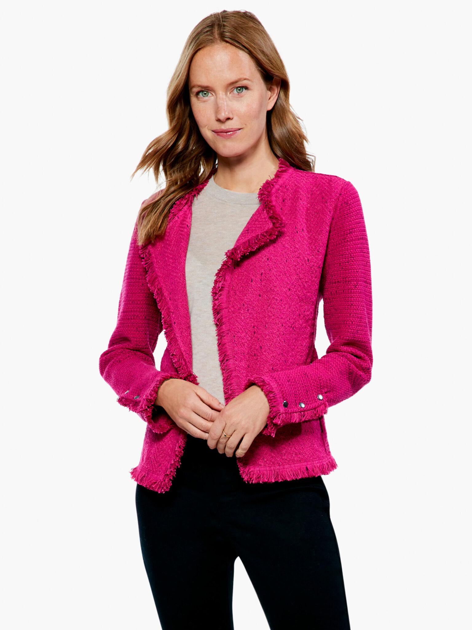 Nic+Zoe Cherry Creek North women's fashion Denver Colorado best fashion Cherry Creek Magazine Fall Winter 2022 looks fringe mix jacket blazer silhouette cardigan knitwear Wonderstretch pant texture bright colors patterns Boston