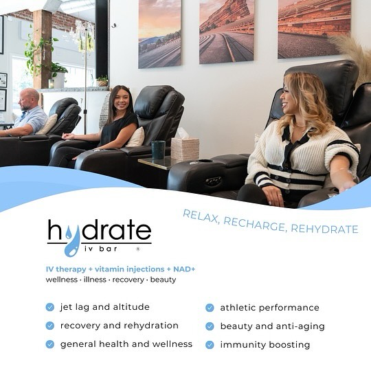 RELAX, RECHARGE, REHYDRATE.
It’s time to prioritize your health and wellness with IV therapy, vitamin injection, and NAD+ services at Hydrate IV Bar. Located in the heart of Cherry Creek, Hydrate IV is an IV therapy spa promoting wellness from within by delivering high-quality products and services administered by experienced and trustworthy medical and wellness professionals in a relaxing, spa-like atmosphere. Hydrate IV Bar is overseen by a medical team consisting of award-winning doctors, nurse practitioners, and medical professionals, and all of their services are administered by some of the best registered nurses in the industry.  Additionally, Hydrate prides itself on sourcing only high-quality, pharmaceutical-grade vitamins from trusted and reputable pharmacies.

#ivtherapydenver #cherrycreekwellness #cherrycreekspas